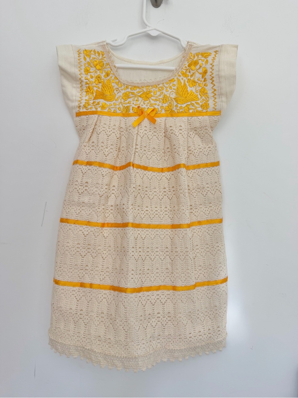 Handmade Mexican Cream and Yellow Embroidered Crochet Kids Dress w Ribbons 3T-4T